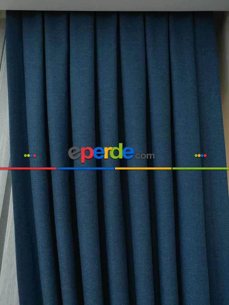 Salon Fon Perde - Keten Mavi Renk Düz Fon Perde - Mavi