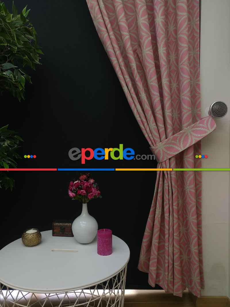 Yatak Odası - Dairesel Desenli Oturma Odası Fon Perde- Pembe Pudra Pembe