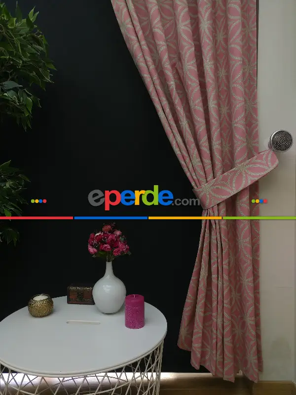 Dairesel Desenli Oturma Odası Fon Perde- Pembe Pudra Pembe