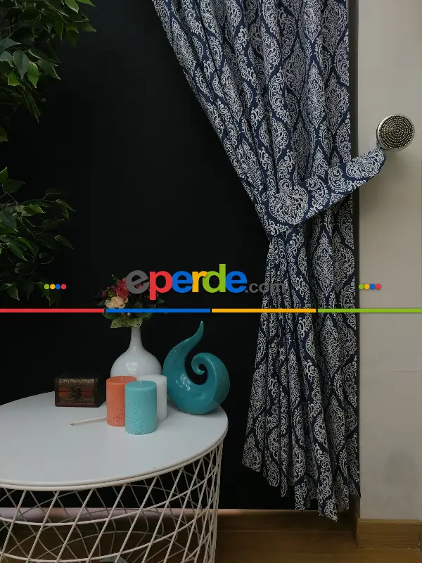 Yatak Odası - Damask Desenli Salon Odası Fon Perde- Beyaz-Mavi Koyu