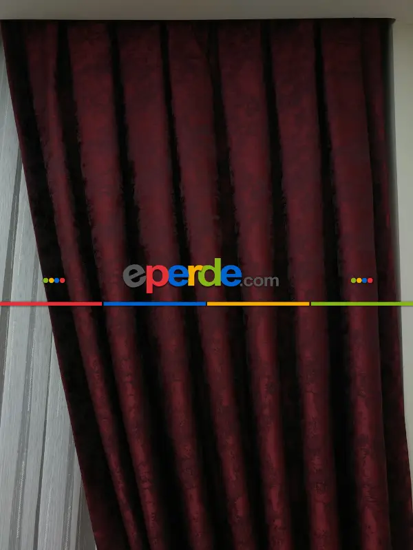 Koyu Bordo Renk Jakar Desenli Fon Perde- Bordo