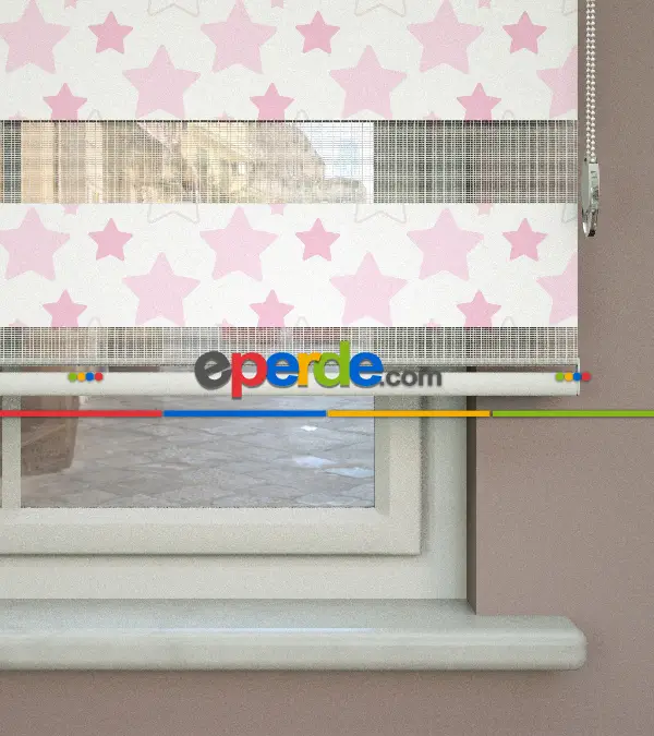 Pembe Yıldız Desenli Baskılı Zebra Perde