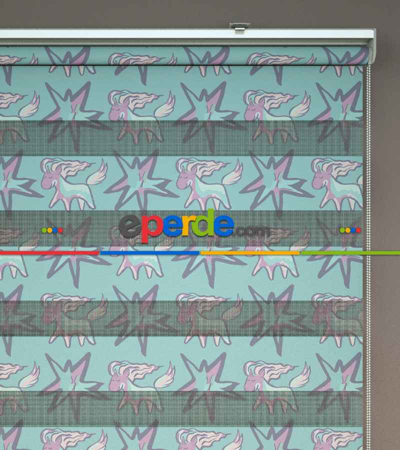 Unicorn Desenli Baskılı Zebra Perde- Çok Renkli
