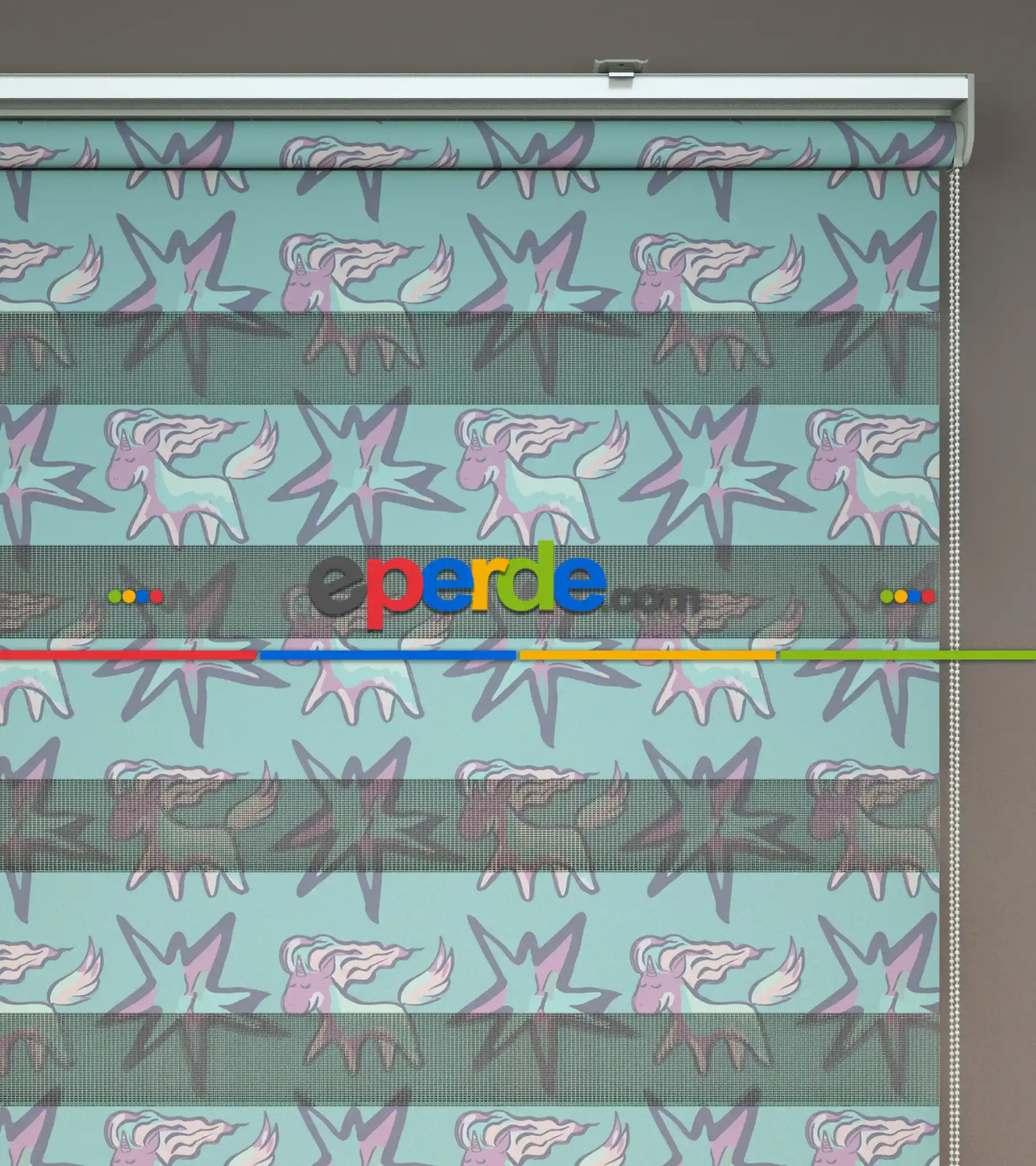 Unicorn Desenli Baskılı Zebra Perde- Çok Renkli