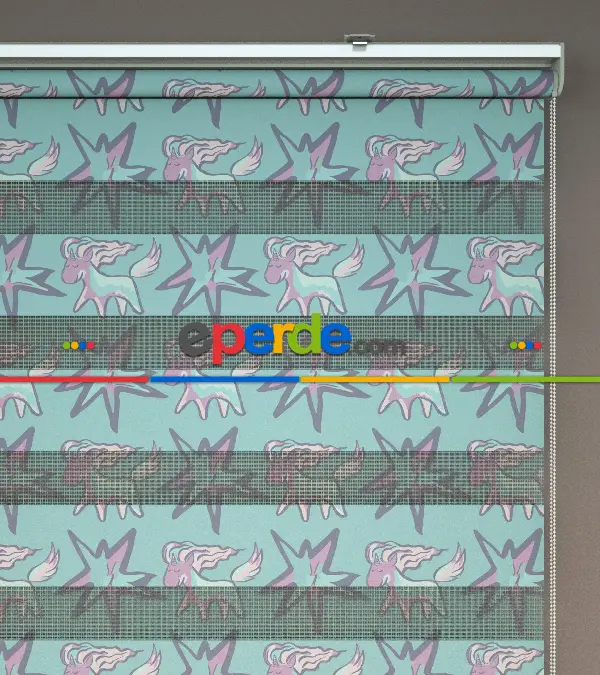 Unicorn Desenli Baskılı Zebra Perde- Çok Renkli