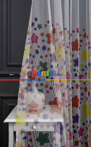 Hazır Ölçülü Petek Zemin Renkli Yıldızlar Desenli Grek Baskılı Tül Perde