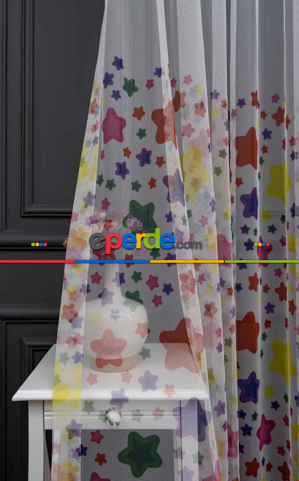 Hazır Ölçülü Petek Zemin Renkli Yıldızlar Desenli Grek Baskılı Tül Perde