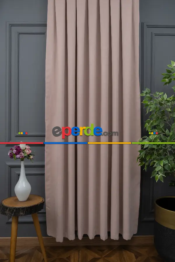 Salon - Pudra Pembesi Düz Fon Perde Dökümlü Fon Perde