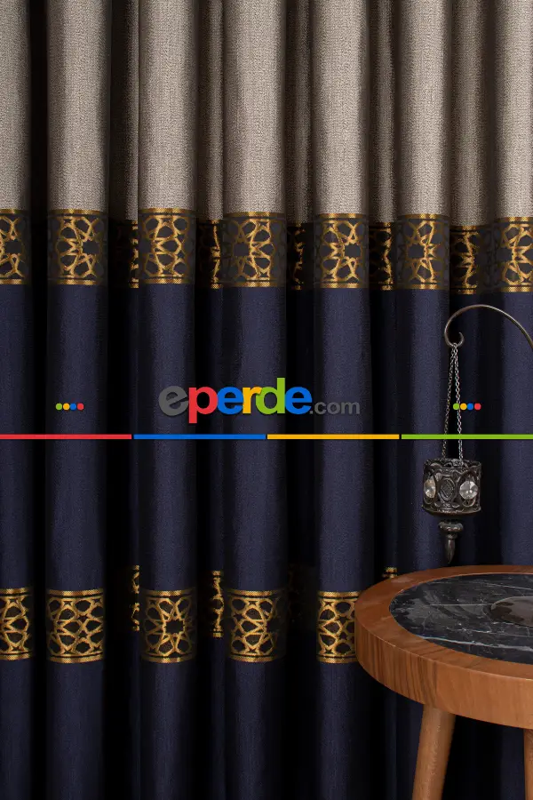 Modern Pano Fon Perde - Lacivert - Altın -vizyon 50cm X 1cm 