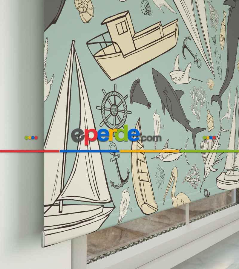 Denizci Desenli Baskılı Stor Perde- Çok Renkli