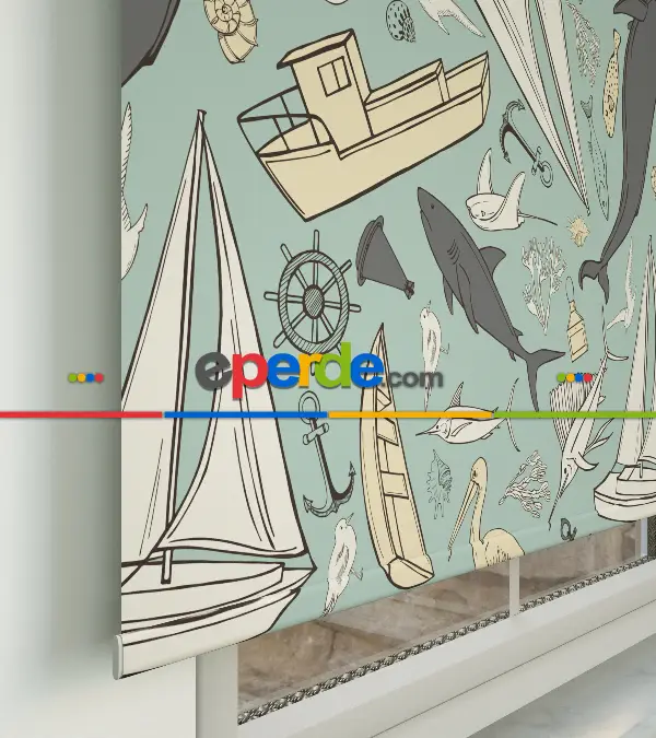 Denizci Desenli Baskılı Stor Perde- Çok Renkli