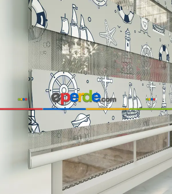 Bebek Odası Zebra Perde - Çapa Desen Baskılı Zebra Perde- Mavi-Beyaz