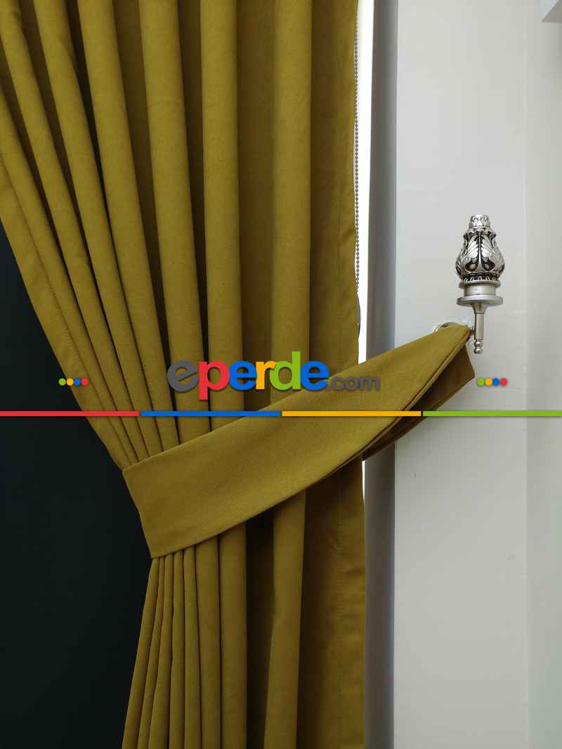 Düz Renk Dökümlü Fon Perde (180)- Hardal Yeşili