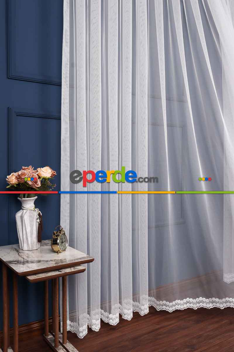 Grek Etek Ucu İşlemeli Nakış Tül Papatya Desen Ekru Renk Kırık Beyaz- Ekru - Kurşunlu Tül