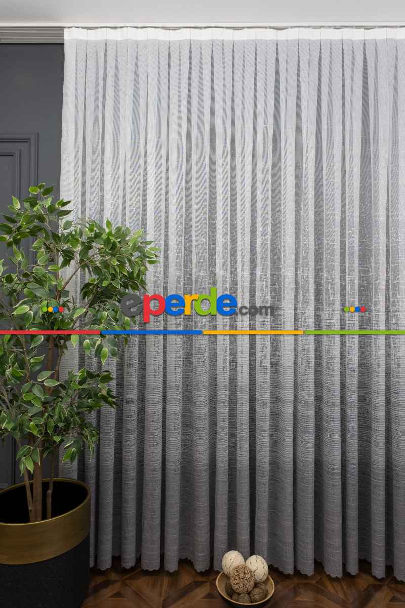 mutfak - Gri Modern Çizgili Örme Tül - Eteği Açık Gri Üstü Ekru Renk ( Degrade Geçişli )