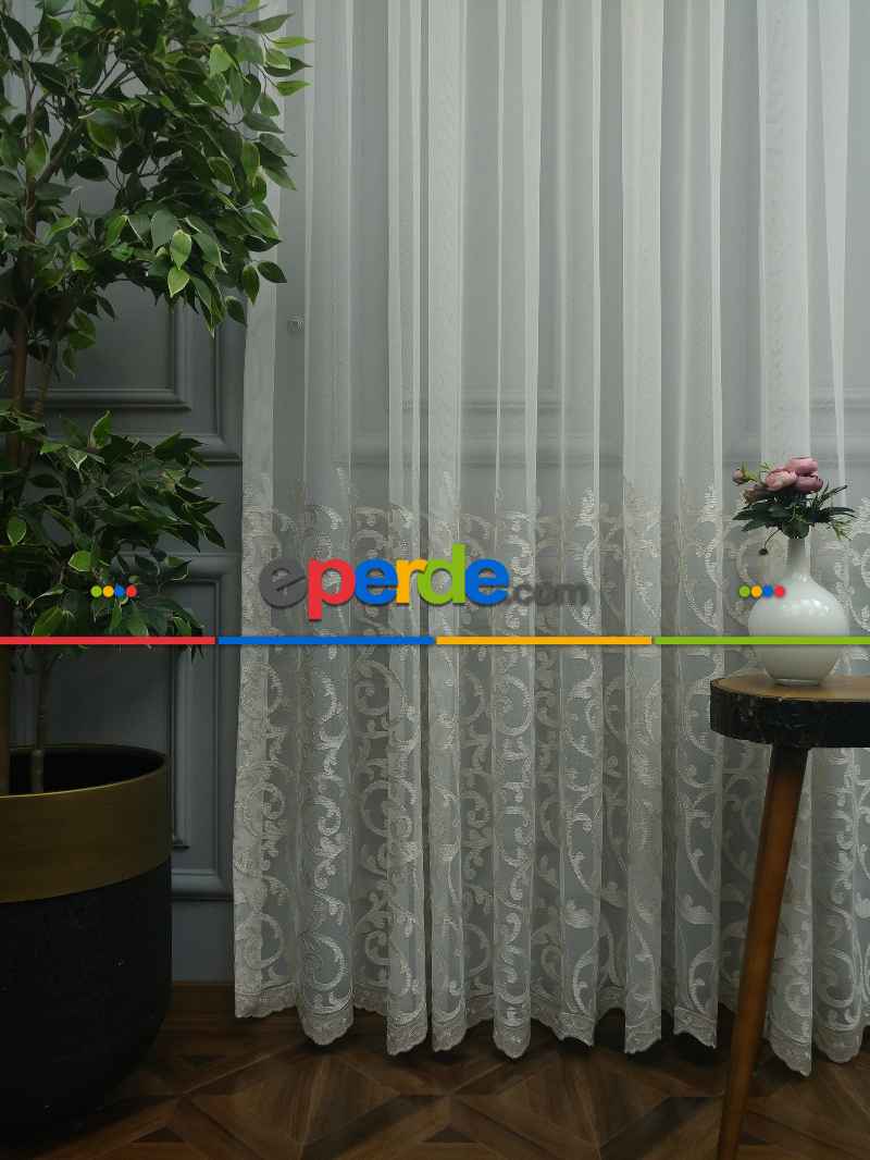 Salon Eteği Duble Nakış İşlemeli Tül Perde Ikon 2021- Krem-Krem Açık