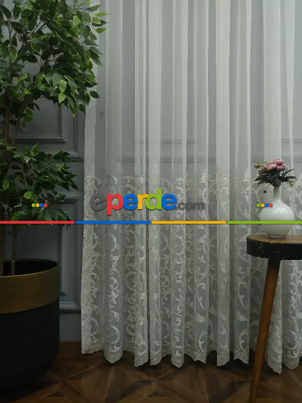 Salon Eteği Duble Nakış İşlemeli Tül Perde Ikon 2021- Krem-Krem Açık