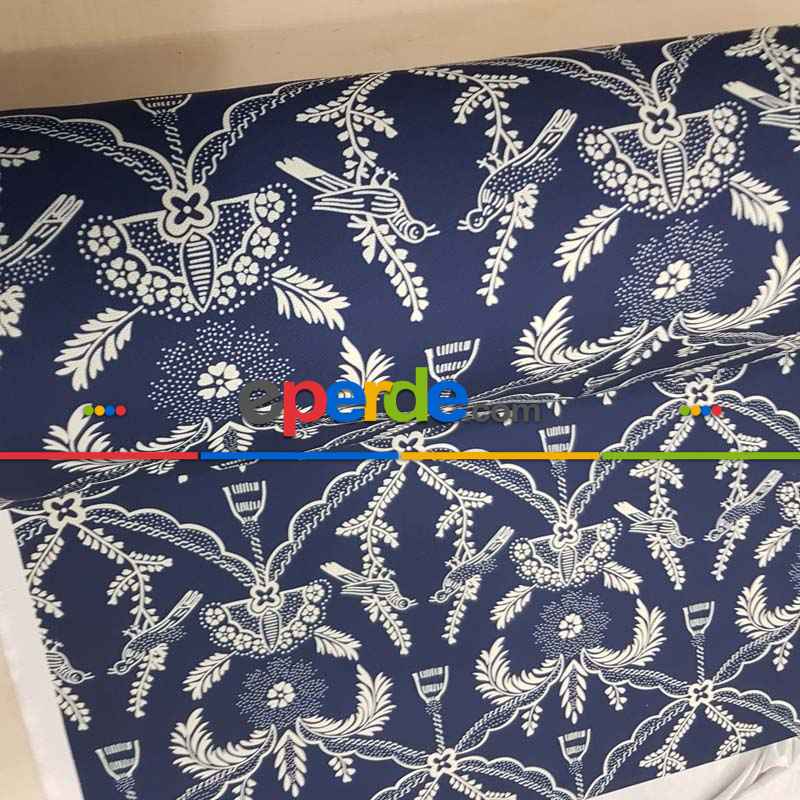Lacivert Beyaz Kuş Desenli Fon Perde Evm716 Kumaşı Kalındır Duck Bezi Değildir- Lacivert-Beyaz