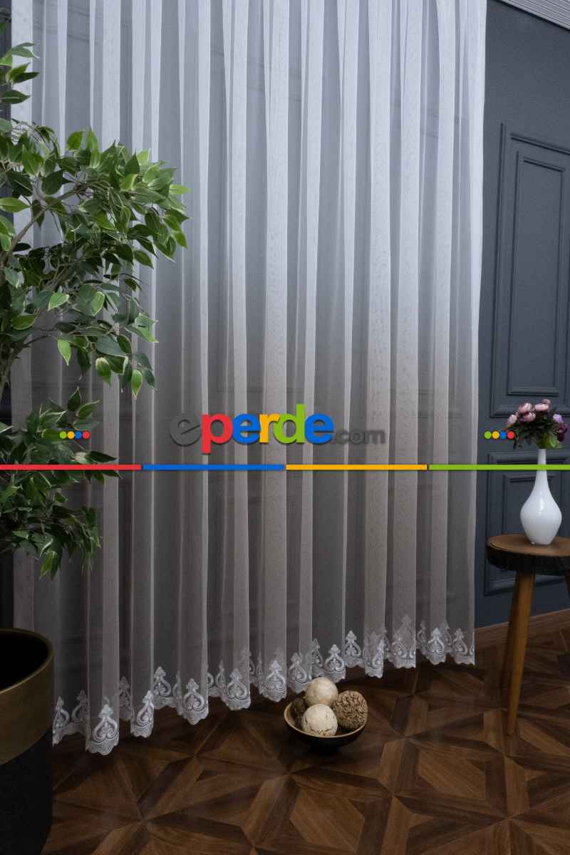 Vizon Kahverengi Degrade Renk Geçişli Etek Ucu Nakışlı Tül Perde