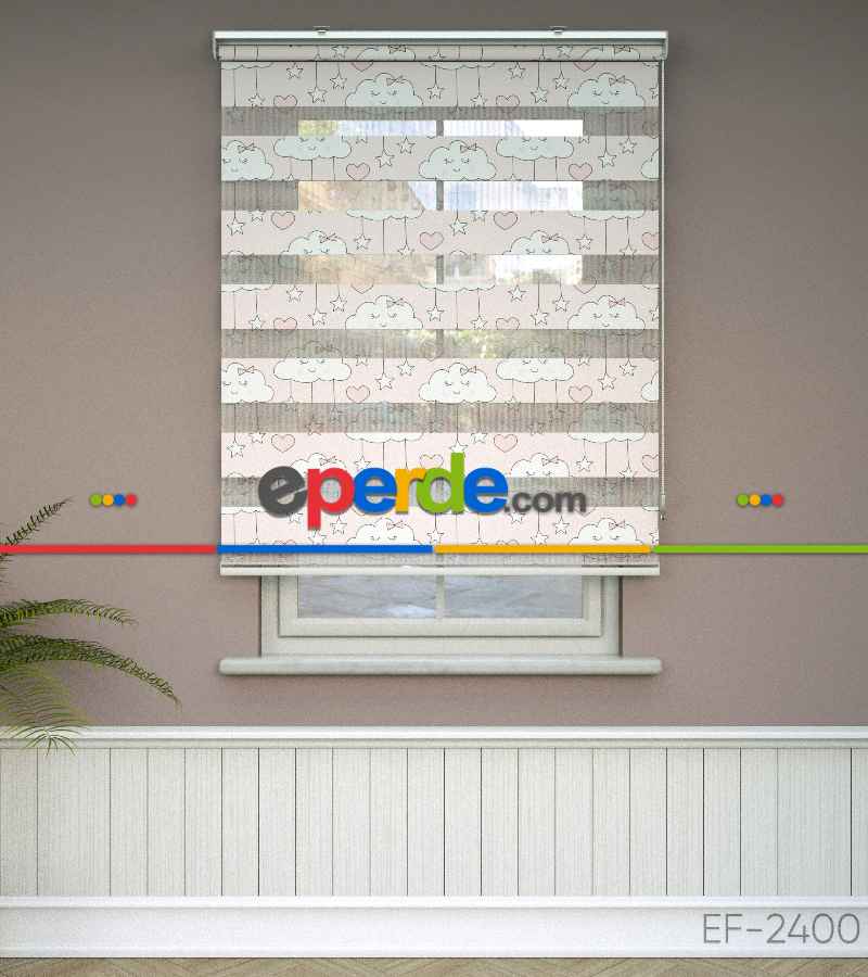 Bulut Desenli Baskılı Zebra Perde- Çok Renkli