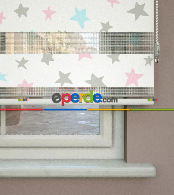 Yıldız Desenli Baskılı Zebra Perde- Çok Renkli