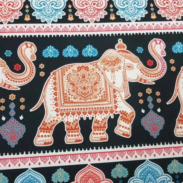 Etnik Fil Desenli Fon Perde Evm1058 Kumaşı Kalındır Duck Bezi Değildir- Siyah-Turkuaz-Pembe Koyu