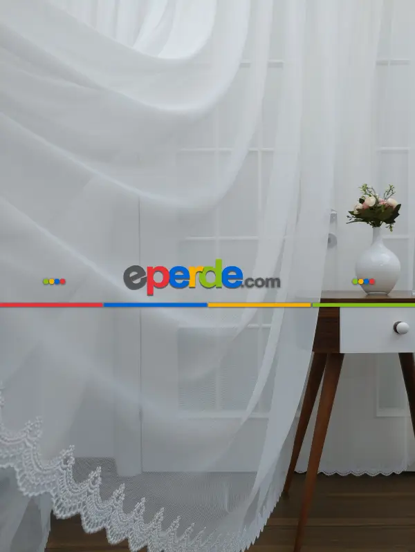 Ekru Fransız Etek Ucu Güpür İşlemeli Salon Perdesi 2025 Trend Model- Ekru Renk