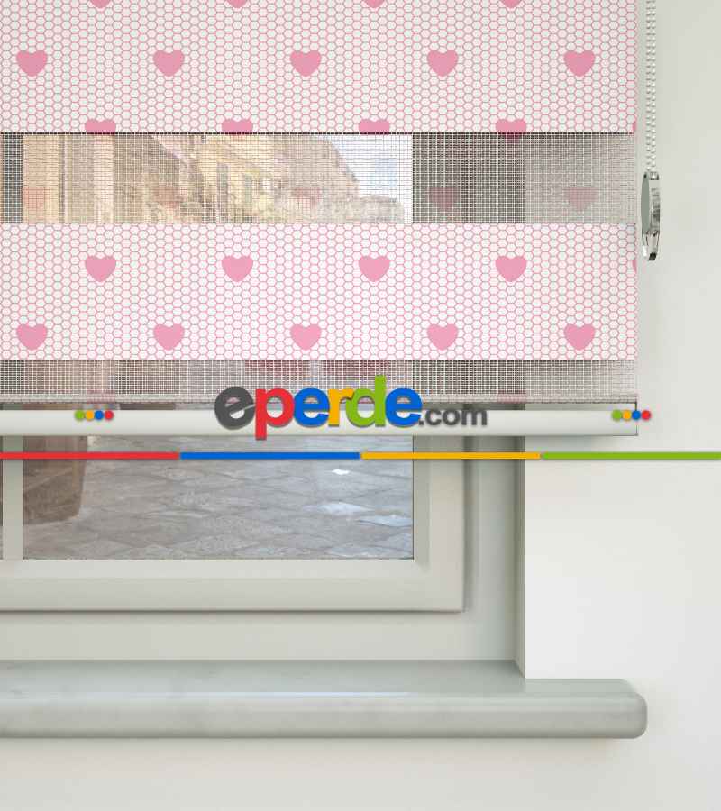 Çocuk Odası Zebra - Kalp Desenli Baskılı Zebra Perde- Pembe