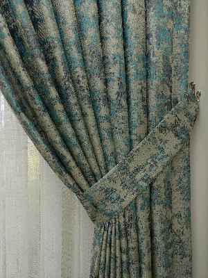 Salon Perdesi - Gri Yeşil Desenli Jakar Fon Perde (180)- Antrasit