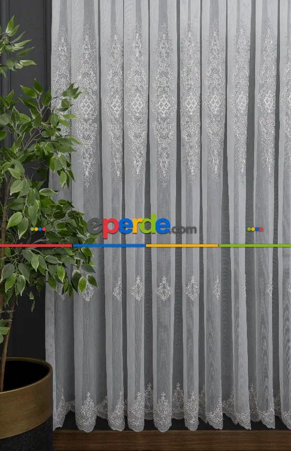 Oturma Odası - Alangart Nakışlı Tül Perde - Ekru - Gri