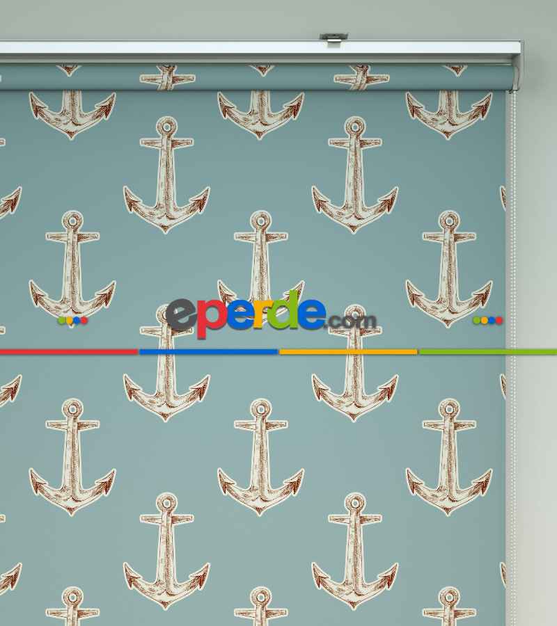 Çapa Desenli Baskılı Stor Perde- Mavi-ekru-kahve