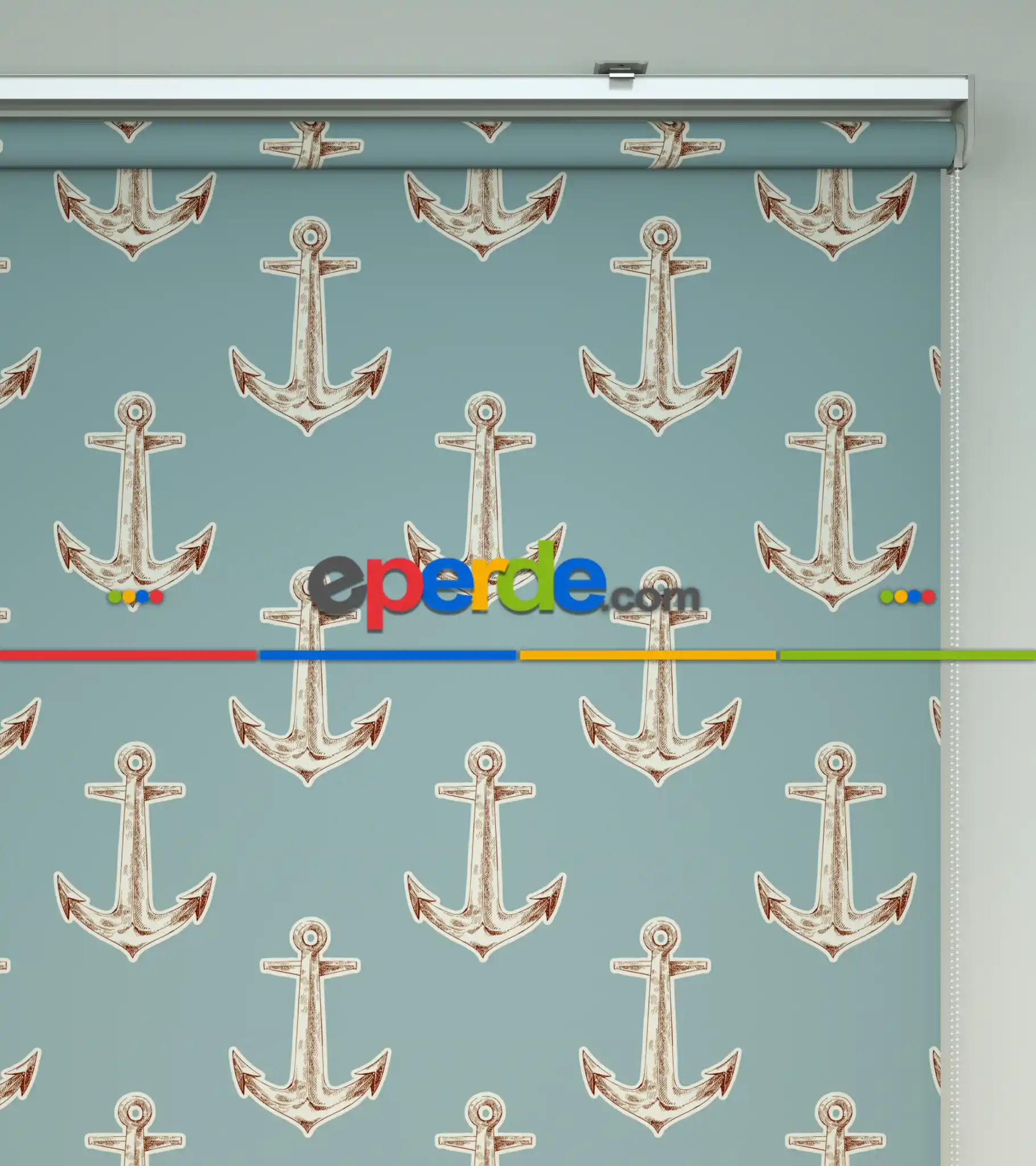 Çapa Desenli Baskılı Stor Perde- Mavi-ekru-kahve