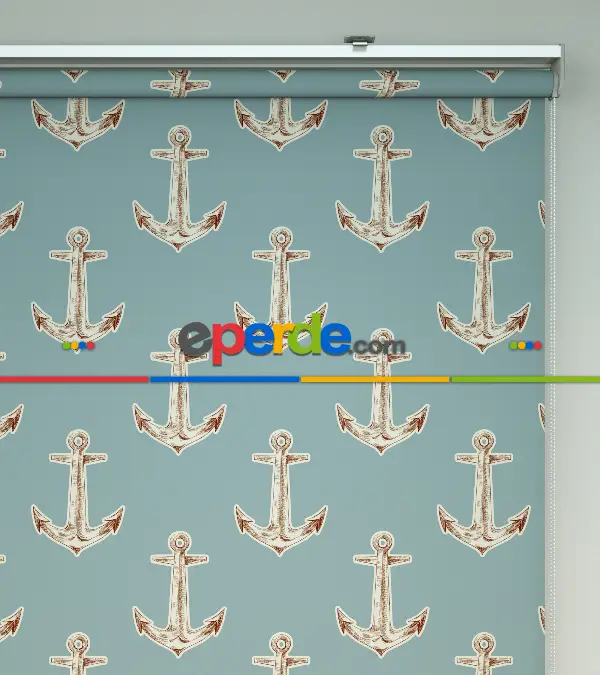 Çapa Desenli Baskılı Stor Perde- Mavi-ekru-kahve