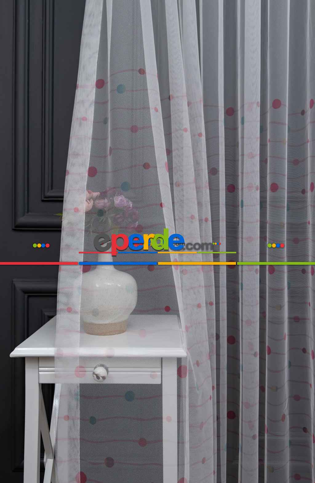 Hazır Ölçülü Petek Zemin Açık Pembe Ve Mavi Renkli Puantiye Desenli Grek Baskılı Tül Perde