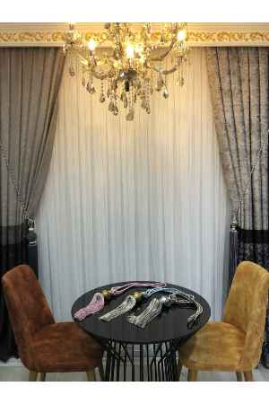 Dikey Düz Çizgili Eteği Kurşunlu Tül Perde - Ekru