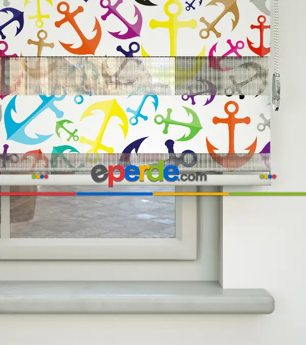 Bebek Odası Zebra Perde - Renkli Çapa Baskılı Zebra Perde- Mavi-Sarı-Beyaz-Turkuaz-Pembe-Su Yeşili