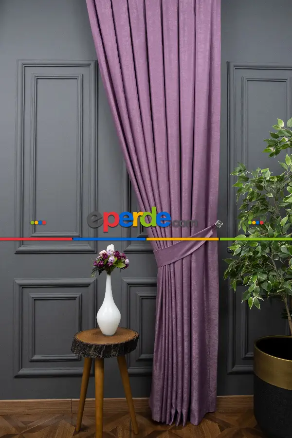 Salon - Soft Fon Perde Koyu Lila Dökümlü En - Lila Koyu Lila