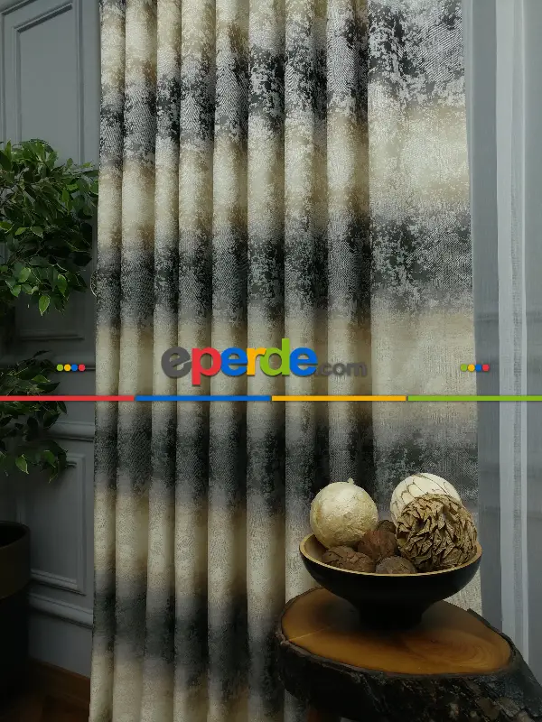 Patine Desenli Gökkuşagı Desen Jakar Fon Perde En- Gri