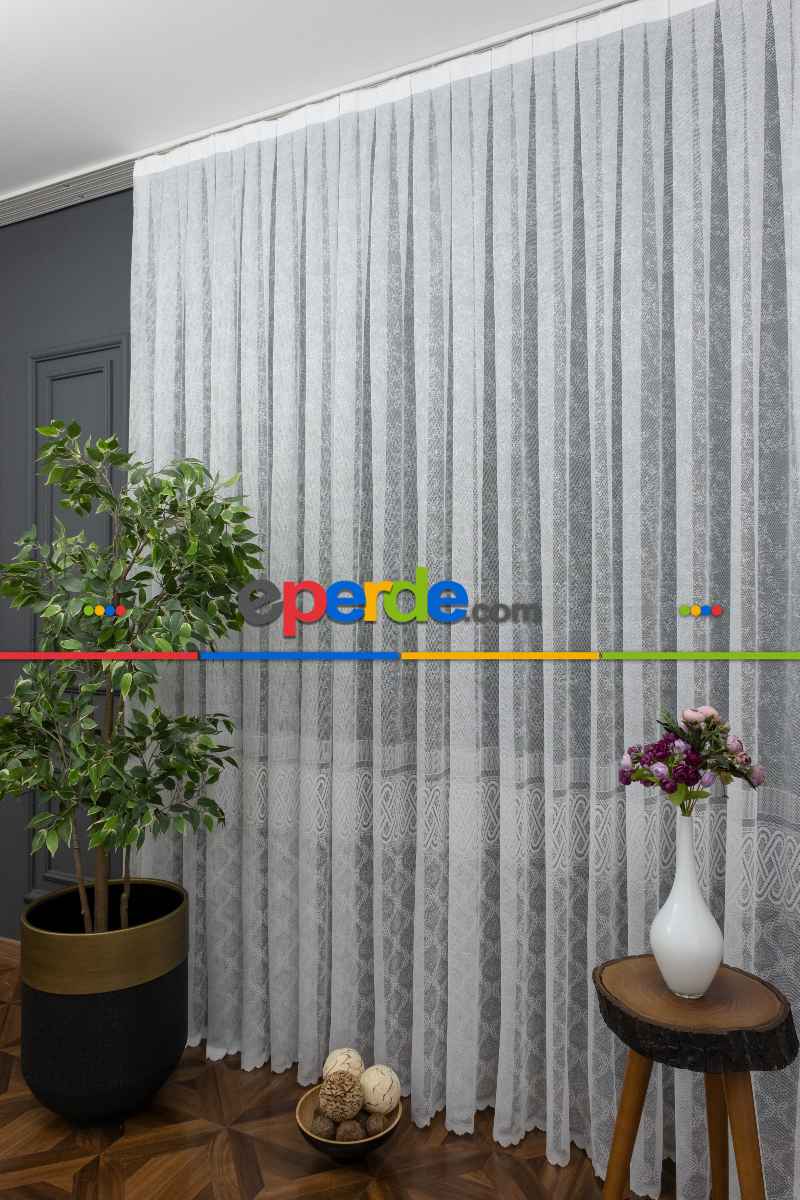 Eteği Bantlı Örme Tül - Ekru Renk Yüksek Kalite