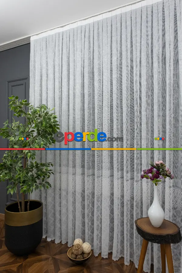 Eteği Bantlı Örme Tül - Ekru Renk Yüksek Kalite