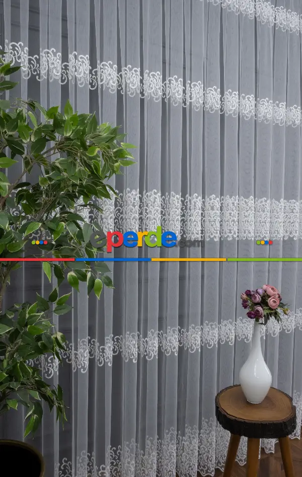 Mutfak Sarmaşık Şal Desenli - Ara Bantlı Desenli Tül Perde - Brode Dokuma