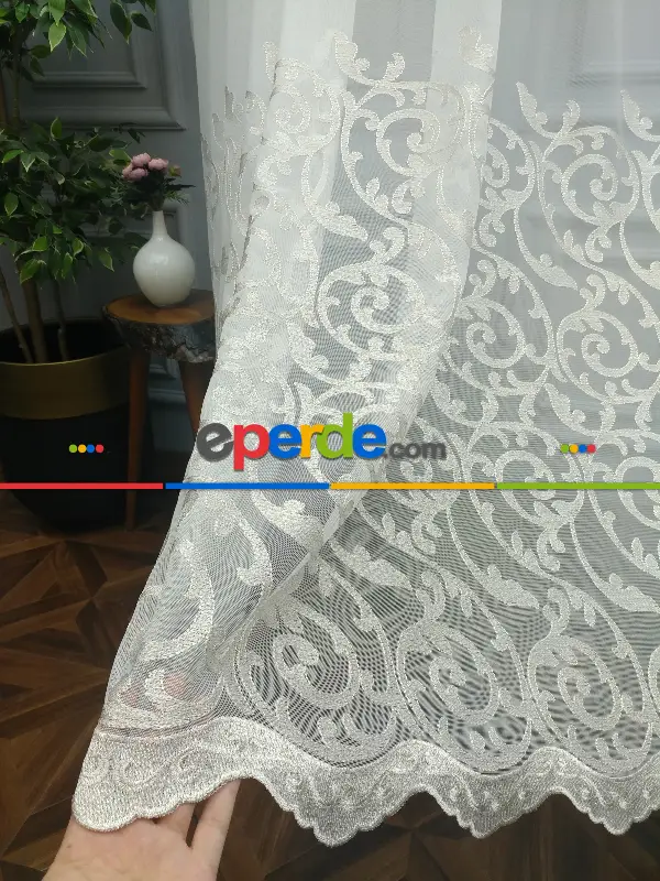 Salon Eteği Duble Nakış İşlemeli Tül Perde Ikon 2021- Krem-Krem Açık