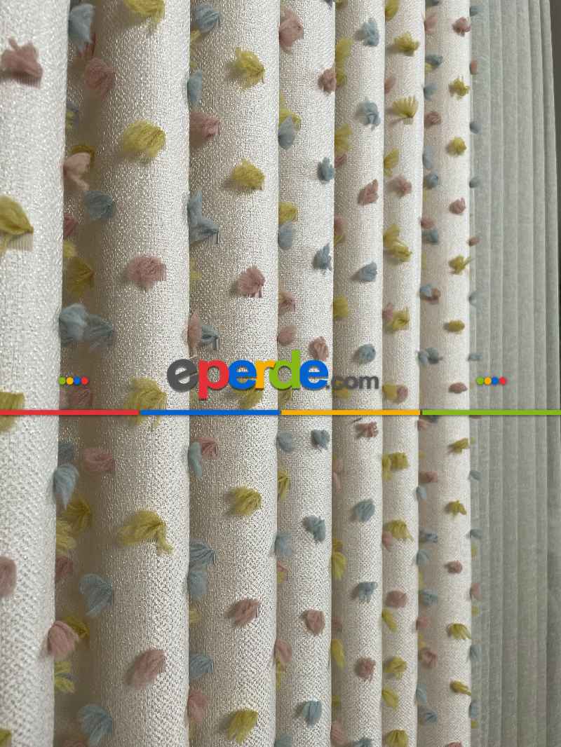 Salon - Krem Çok Renkli Ponponlu Jakar Dokuma, Premium Kalite Serisi Fon Perde