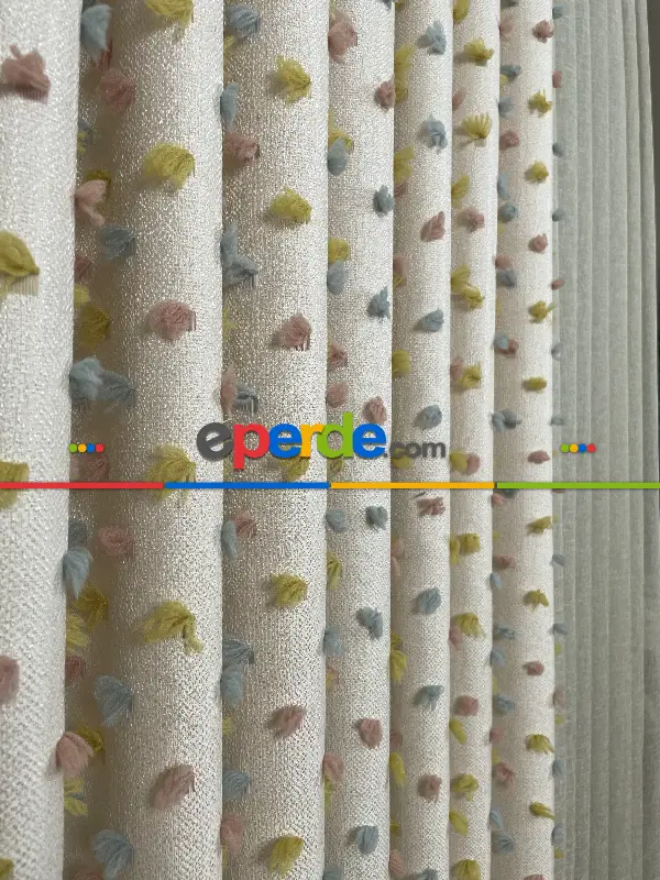 Yatak Odası - Krem Çok Renkli Ponponlu Jakar Dokuma, Premium Kalite Serisi Fon Perde