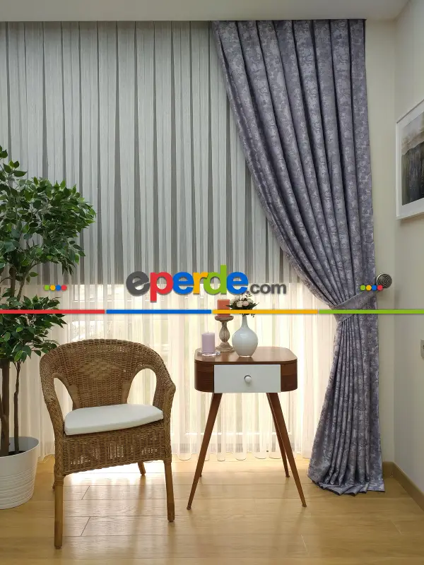 Patinedesenli Lila Koyu Renk Jakar Desenli Fon Perde- Lila Koyu Lila