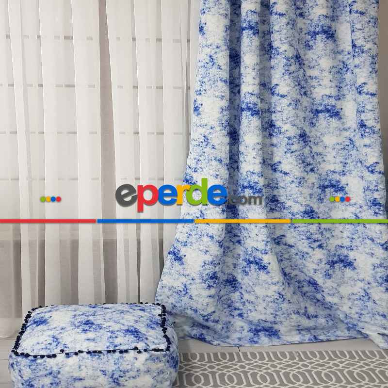 Ikat Desenli Fon Perde Evm1508 Kumaşı Kalındır Duck Bezi Değildir- Mavi