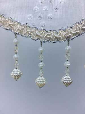 Desenli Çiftli Sistem Tül Stor Perde- Krem-gümüş Simli