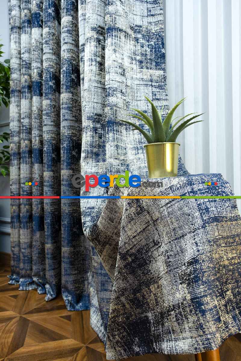 Jakar Desenli Fon Perde- Lacivert-bej