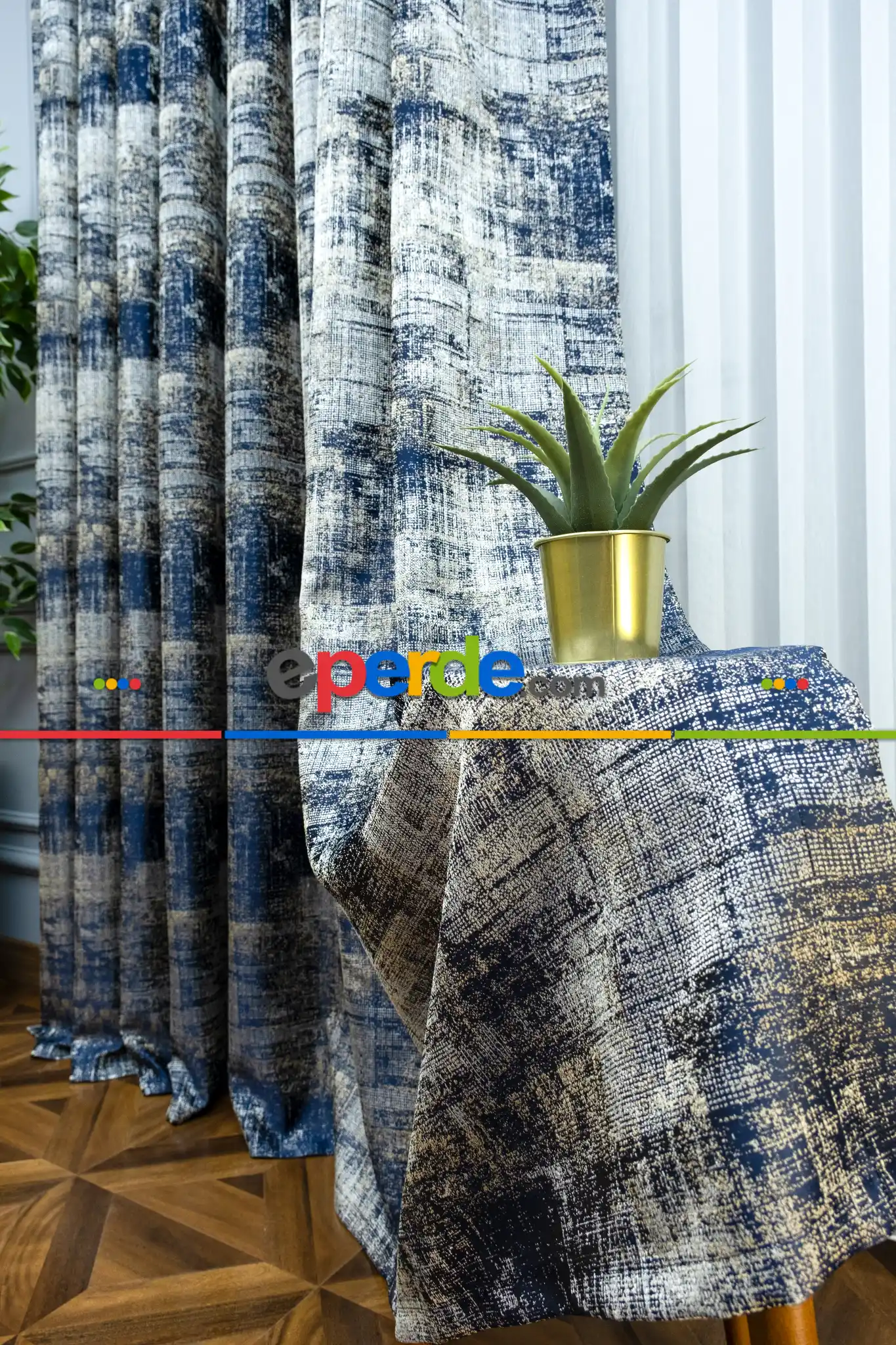 Jakar Desenli Fon Perde- Lacivert-bej