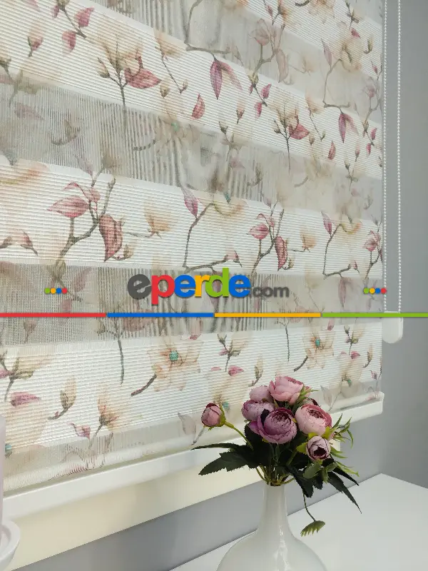 Salon Zebra Perde - 2021 Sezonu - Zebra Perde - Dijital Baskılı Çiçek Desenli Zebra Perde- Bej